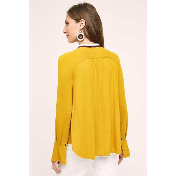 Anthropologie Akemi + Kin Soft Knit Jersey Goldie Blouse Yellow Button Up - Picture 2 of 12